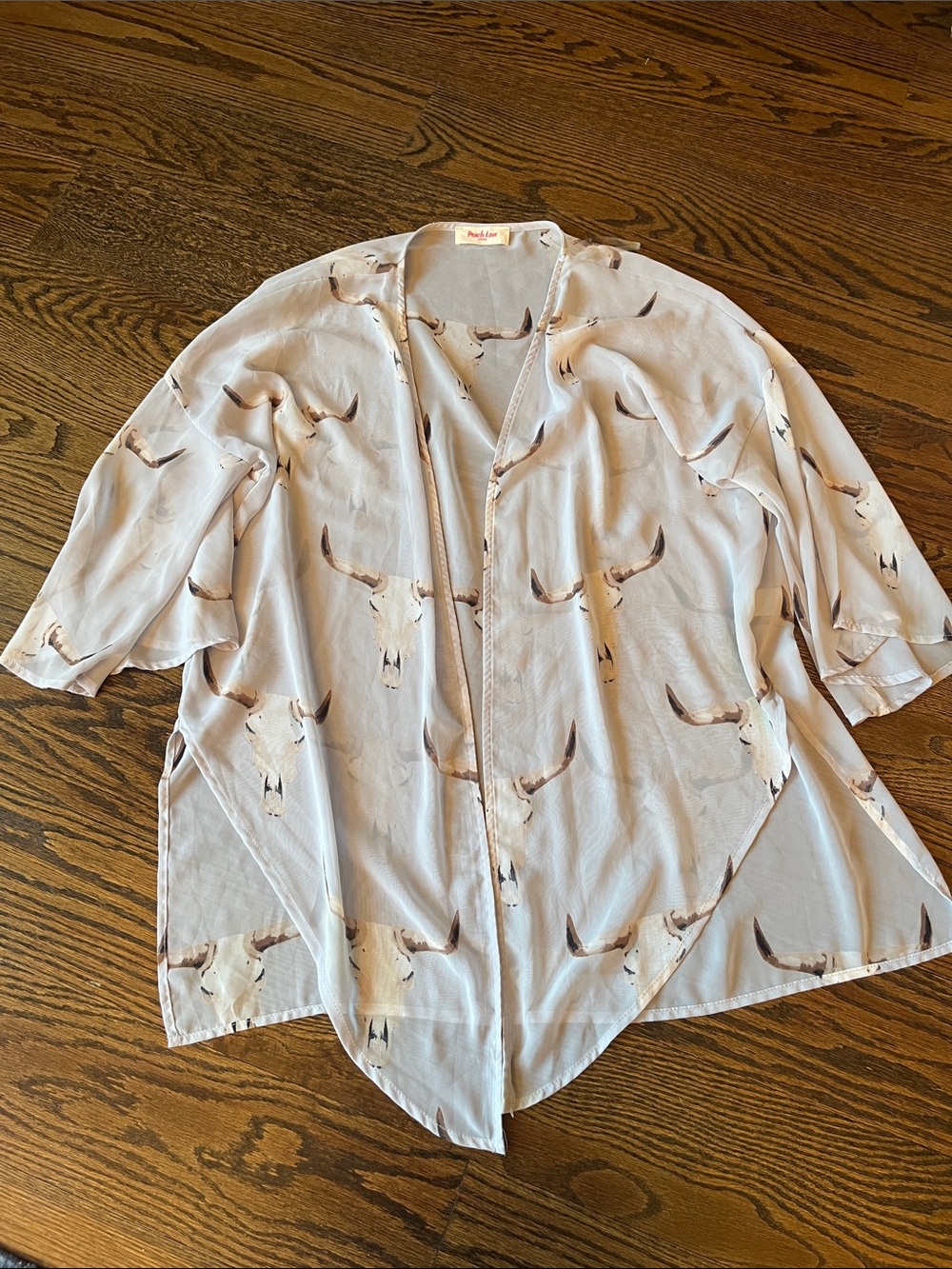 Peach Love Soft Light Blue Kimono Cardigan with Bull Skull Longhorn Print